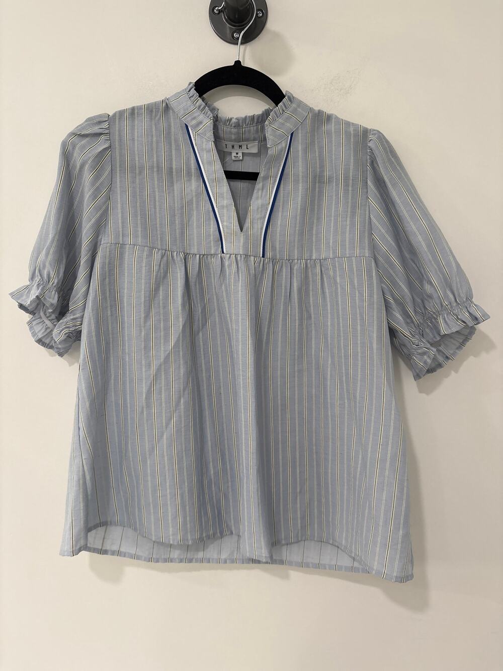 THML Linen Blend Short Sleeve Blue Striped Blouse Size M
